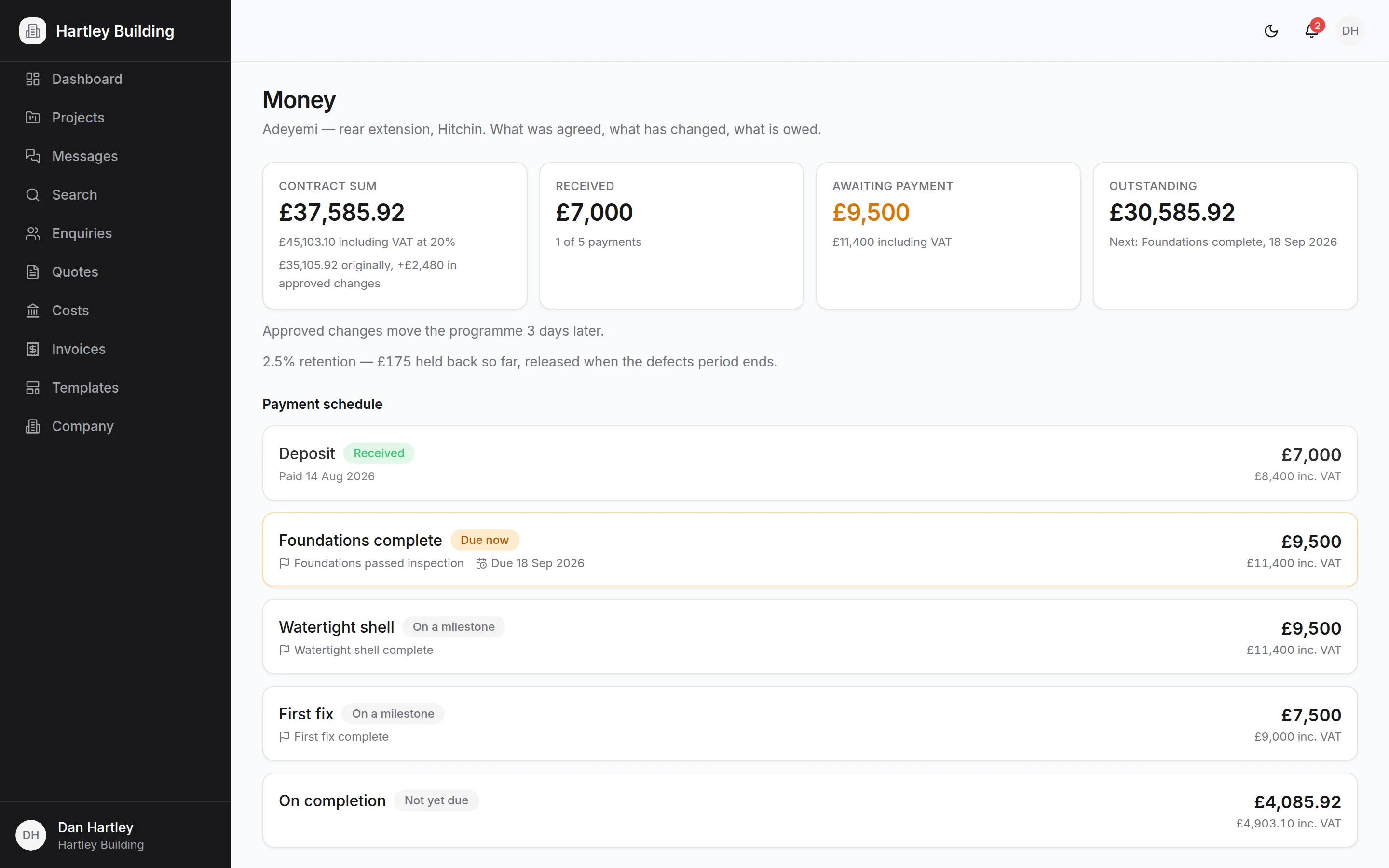 The money screen: contract sum, what’s been received, what’s owed, and the payment schedule